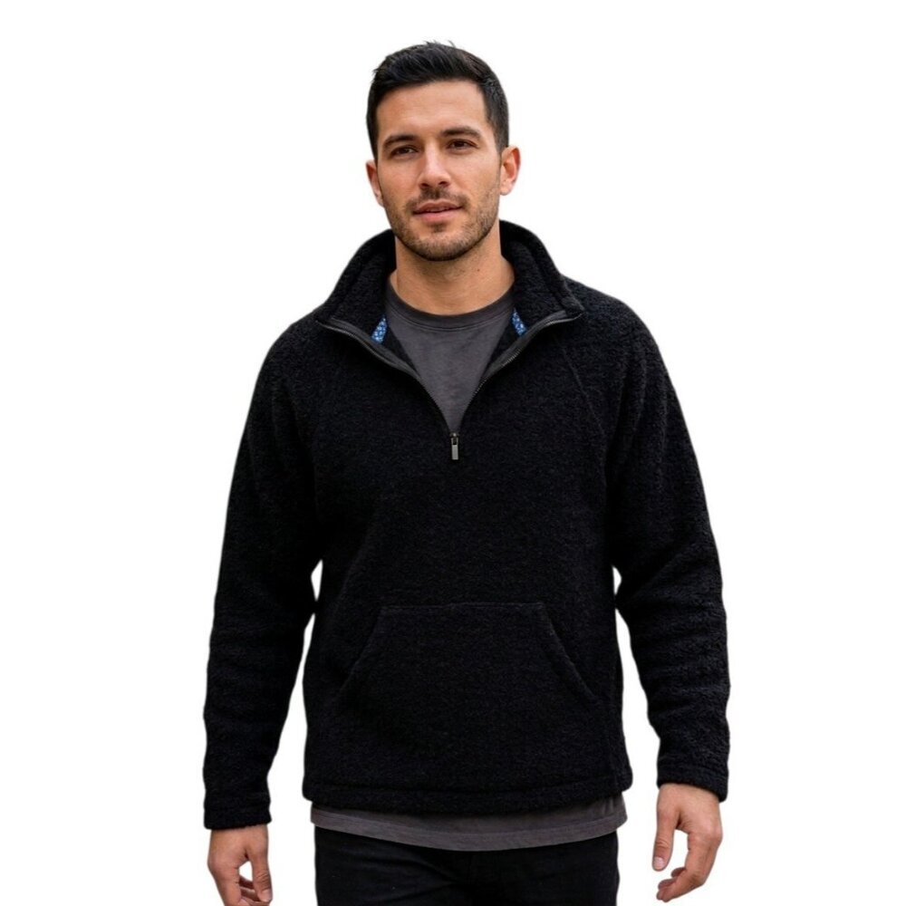 Petros "Enjoy Life" Black Merino Wool Bouclé Sherpa 1/4 Zip Fleece Pullover